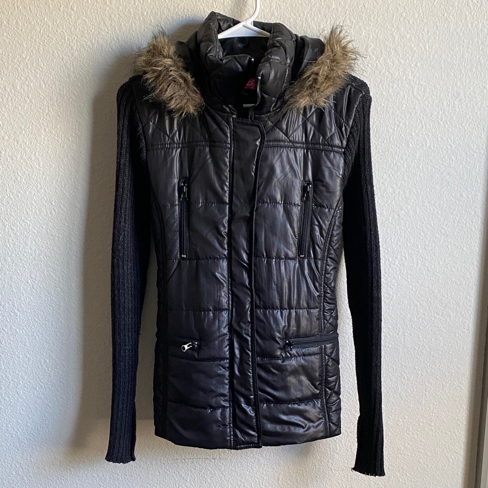 Say What? Black Puffer Jacket with Faux Fur Hood
